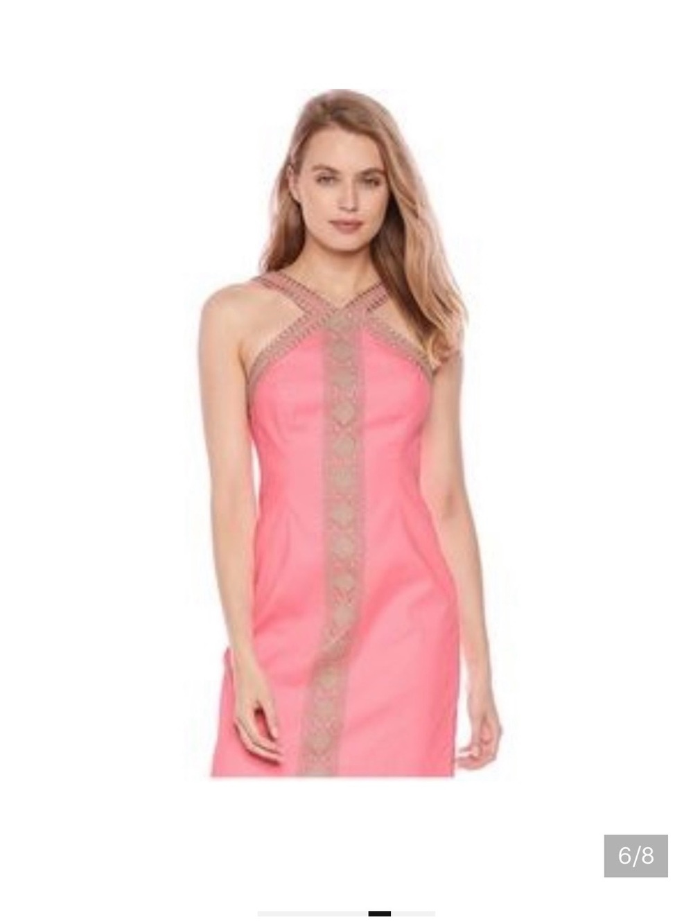 NWOT- Vena Stretch Shift Pink Halter Gold Lace Embellished Summer Dress